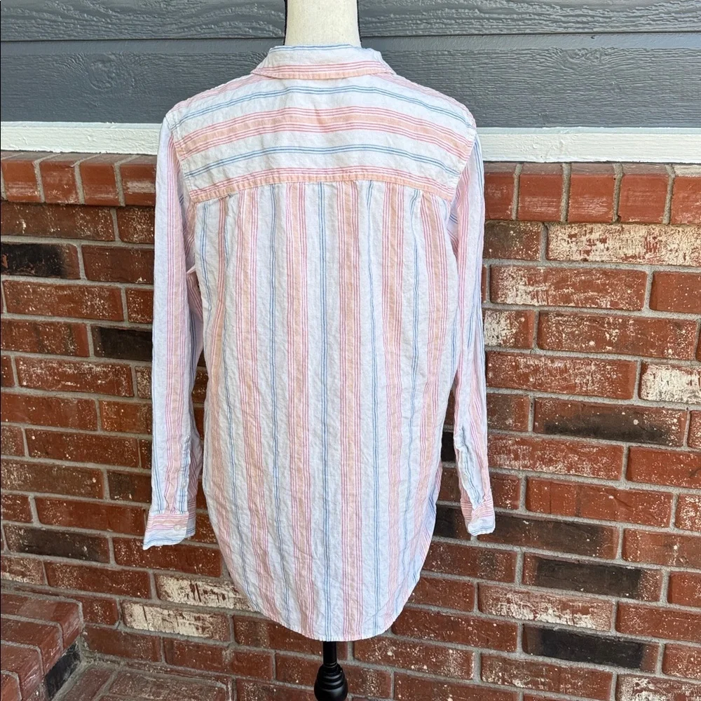 L.L. Bean Blue White Striped 100% Linen Long Sleeve Tunic Shirt XL Extra Large